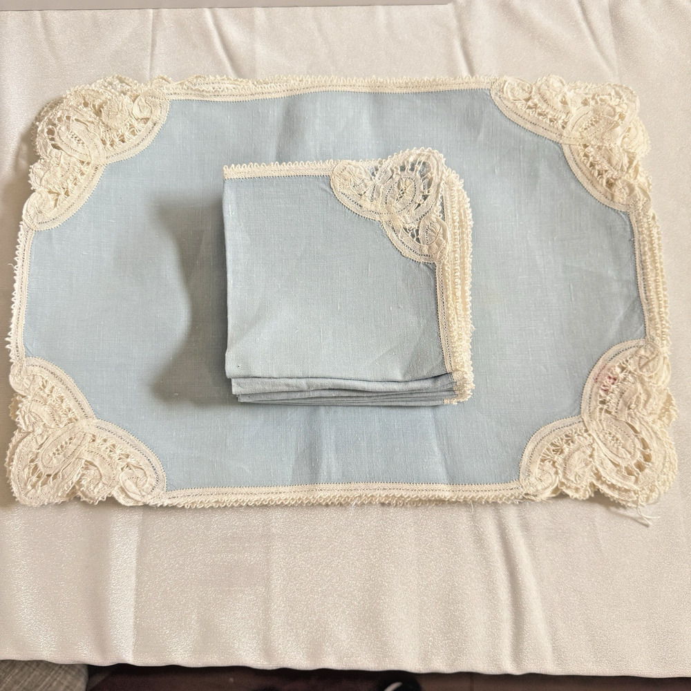 Vintage Blue Linen Placemats 16x11 Napkins 11x11 Set 23pc Lace Trim Estate